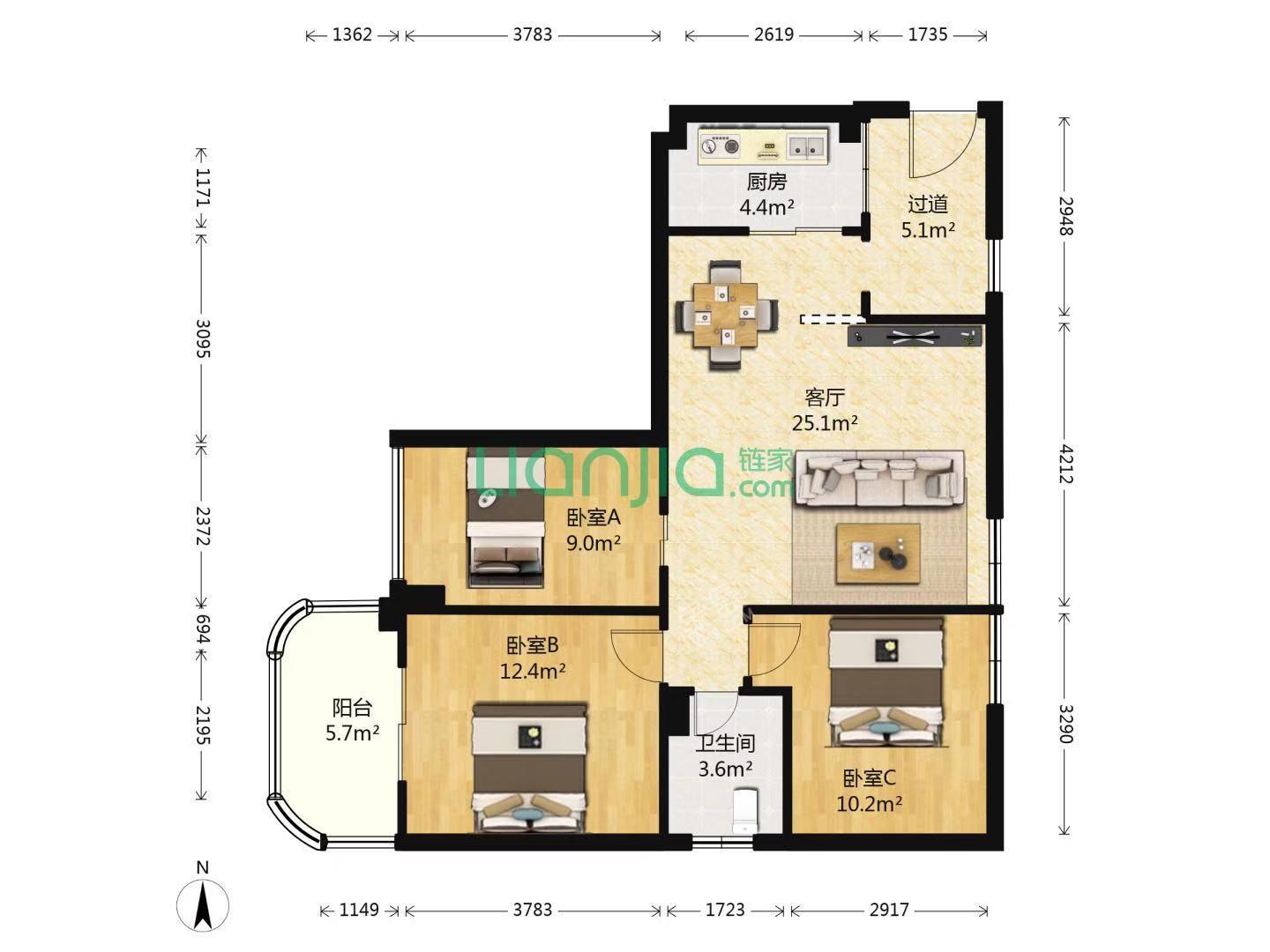 元益花园  3室1厅1卫   2600.00元/月户型图