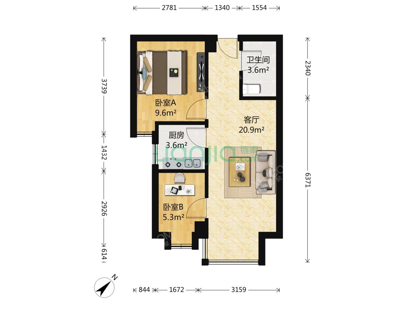 锦绣鹏城  2室1厅1卫   1700.00元/月室内图