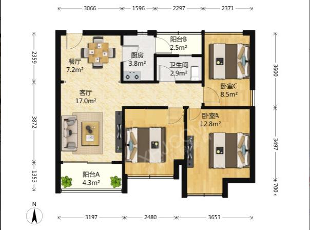 峰汇中心  3室1厅2卫   4000.00元/月室内图