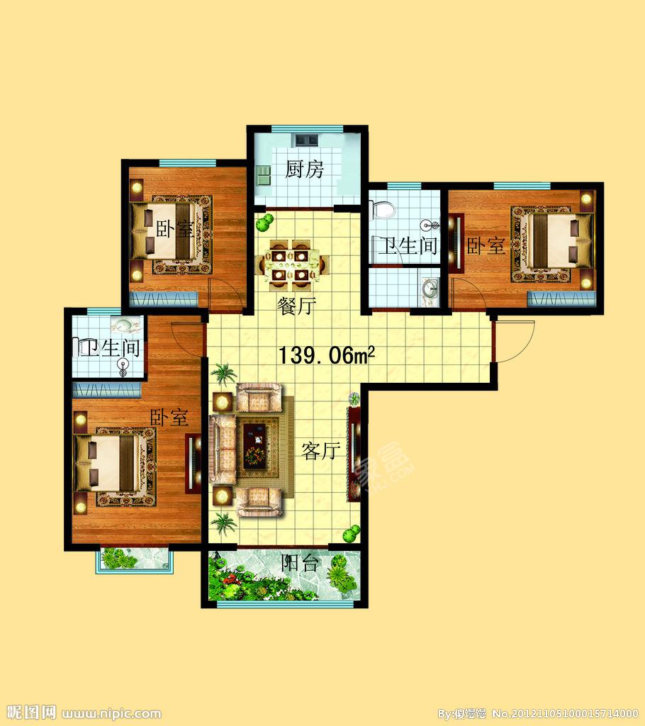 金谷家园  3室2厅1卫   900.00元/月户型图