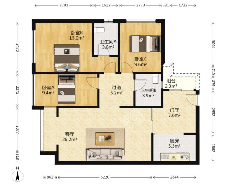 中铁丶西子香荷  3室2厅2卫   268.00万户型图