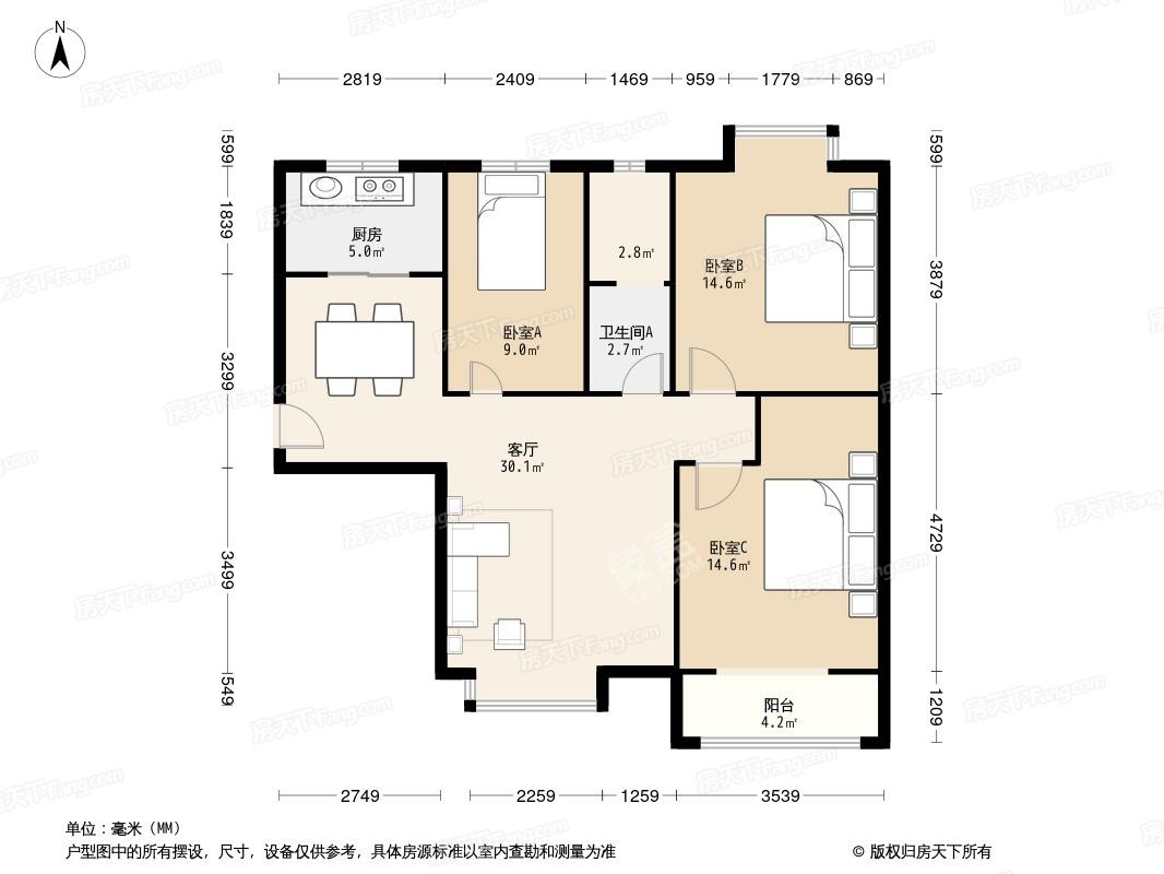 航天城小区（A区、天谐苑）  3室2厅1卫   3000.00元/月户型图