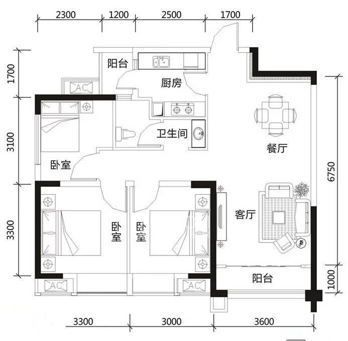 晓园小区  3室2厅1卫   2000.00元/月户型图