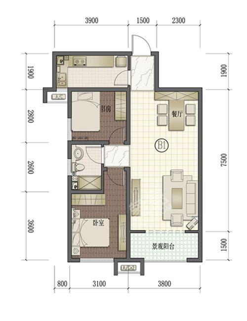 三迪枫丹  2室2厅1卫   135.00万户型图