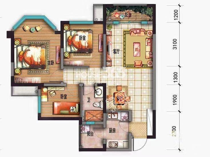 清河庭苑3期  3室2厅2卫   2400.00元/月户型图