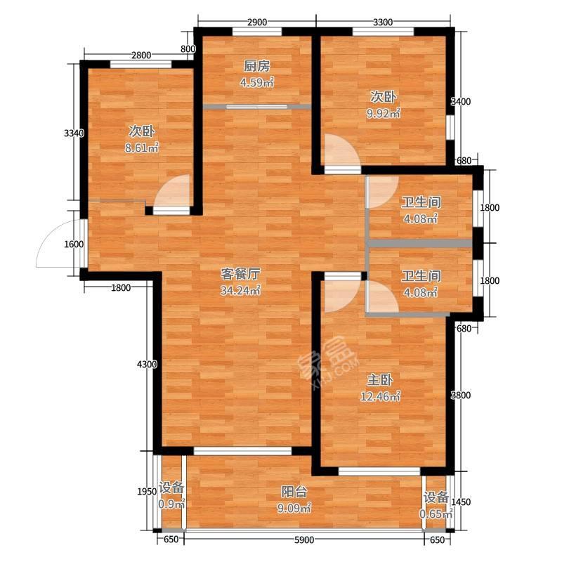 M国际  3室2厅2卫   1800.00元/月户型图