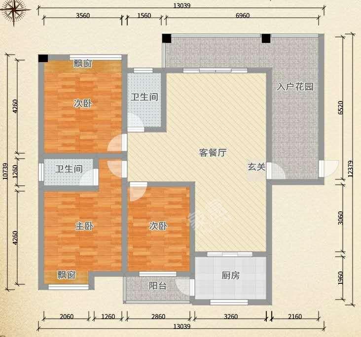 松亭小区  3室2厅2卫   1400.00元/月户型图