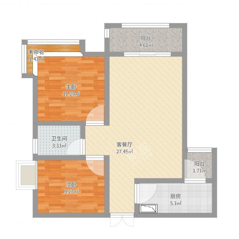 航天小区  2室1厅1卫   1600.00元/月户型图