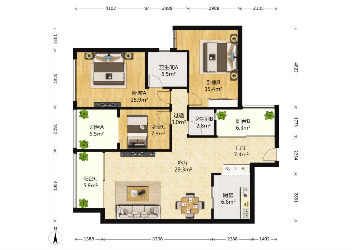 中铁丶西子香荷  3室1厅2卫   390.00万户型图