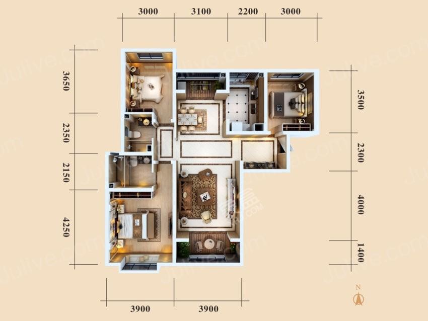 唐顿庄园  3室2厅2卫   260.00万户型图