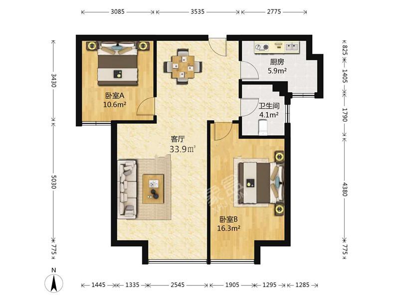 首创国际城  2室2厅1卫   2300.00元/月户型图