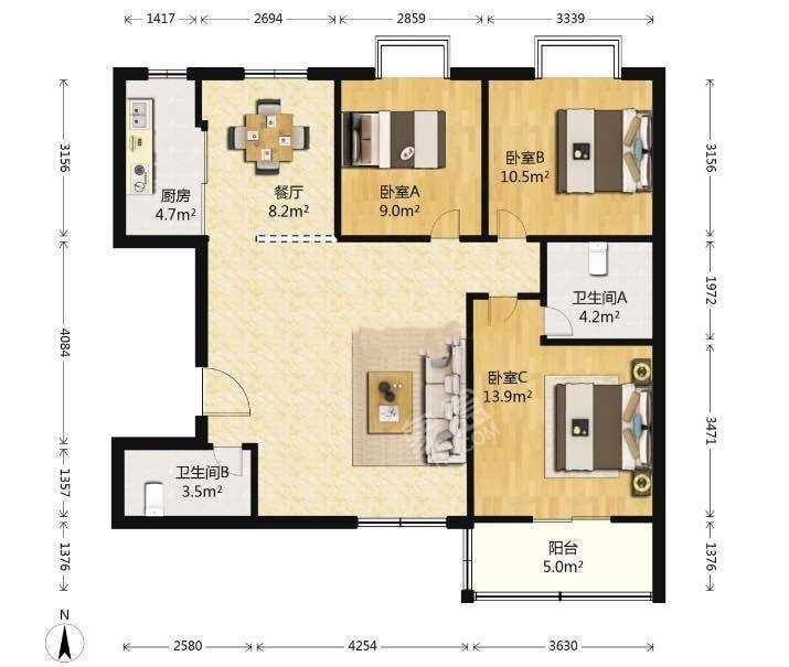 融侨馨苑  3室2厅2卫   3300.00元/月户型图