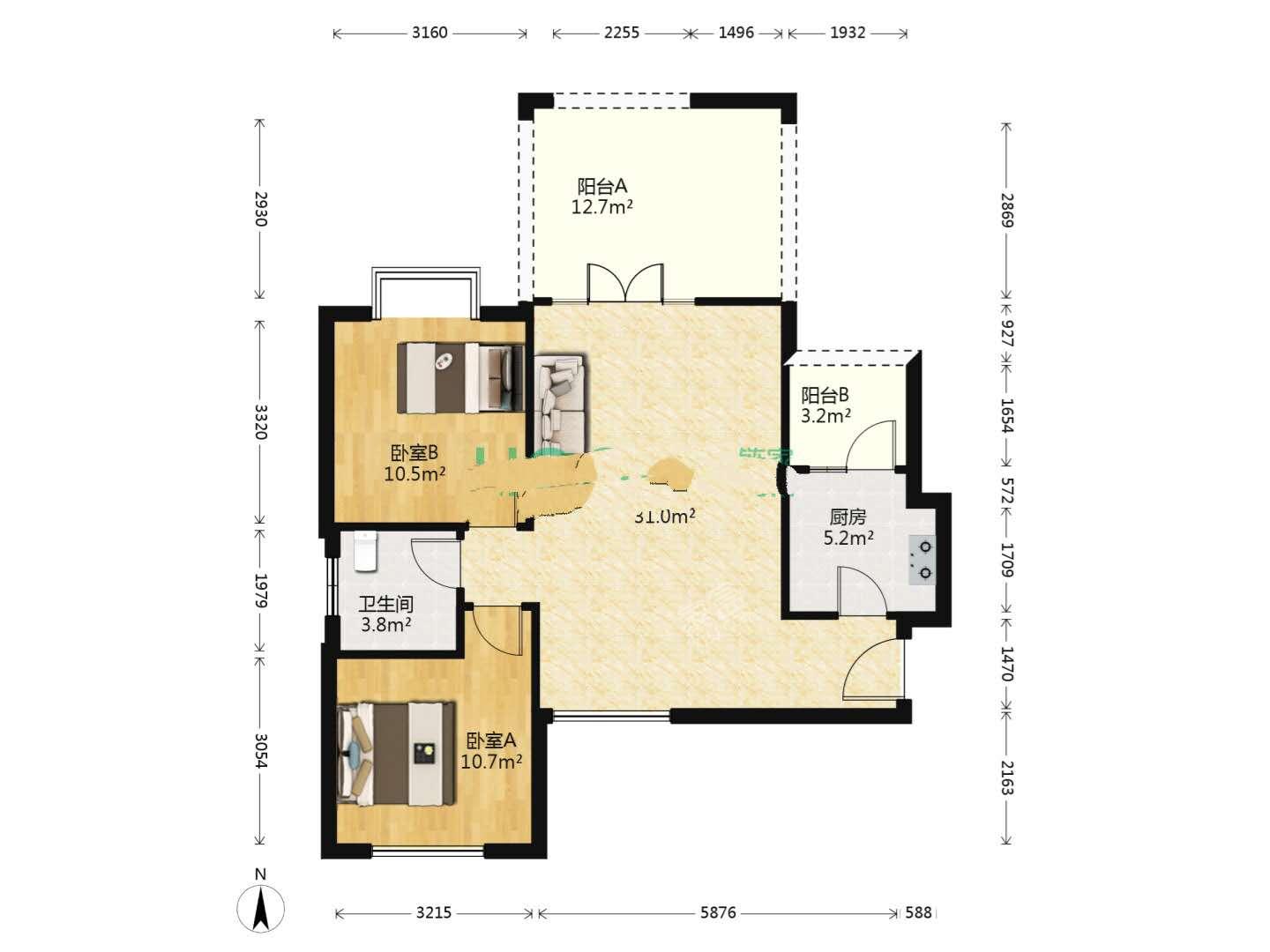 南湖国际1期  2室2厅1卫   150.00万户型图