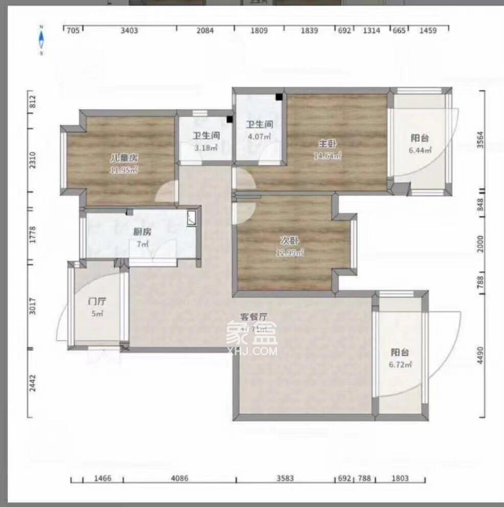 劳动局长江二村  3室2厅2卫   1200.00元/月户型图