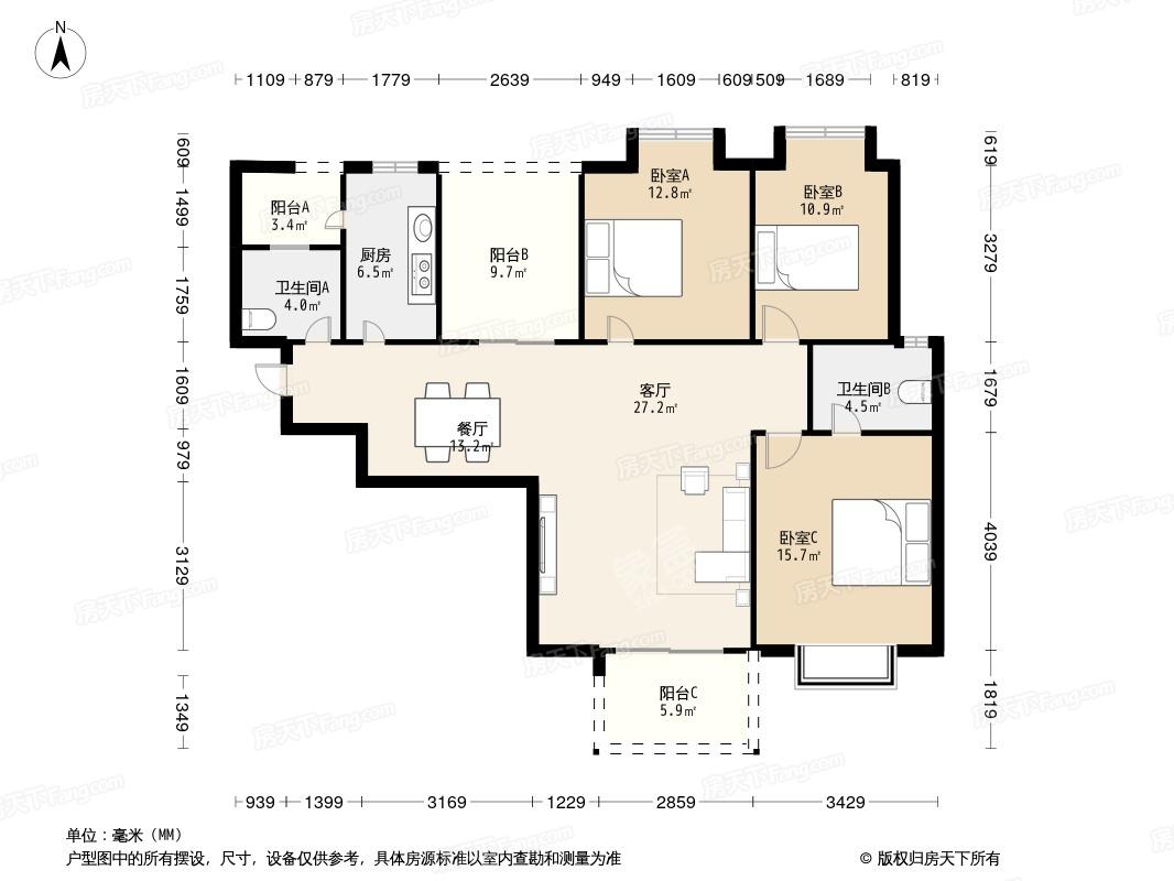 曲江明珠  3室2厅2卫   3700.00元/月户型图