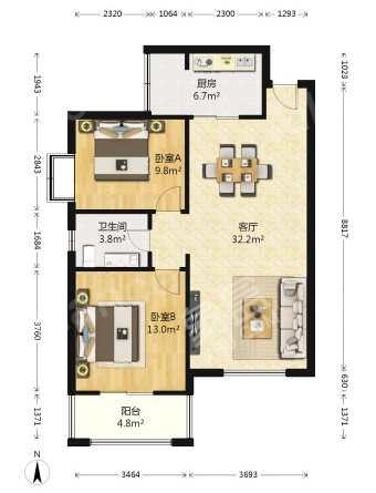 江林新城  2室1厅1卫   2200.00元/月户型图