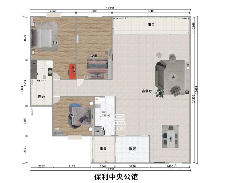 保利中央公馆  3室2厅2卫   79.80万户型图