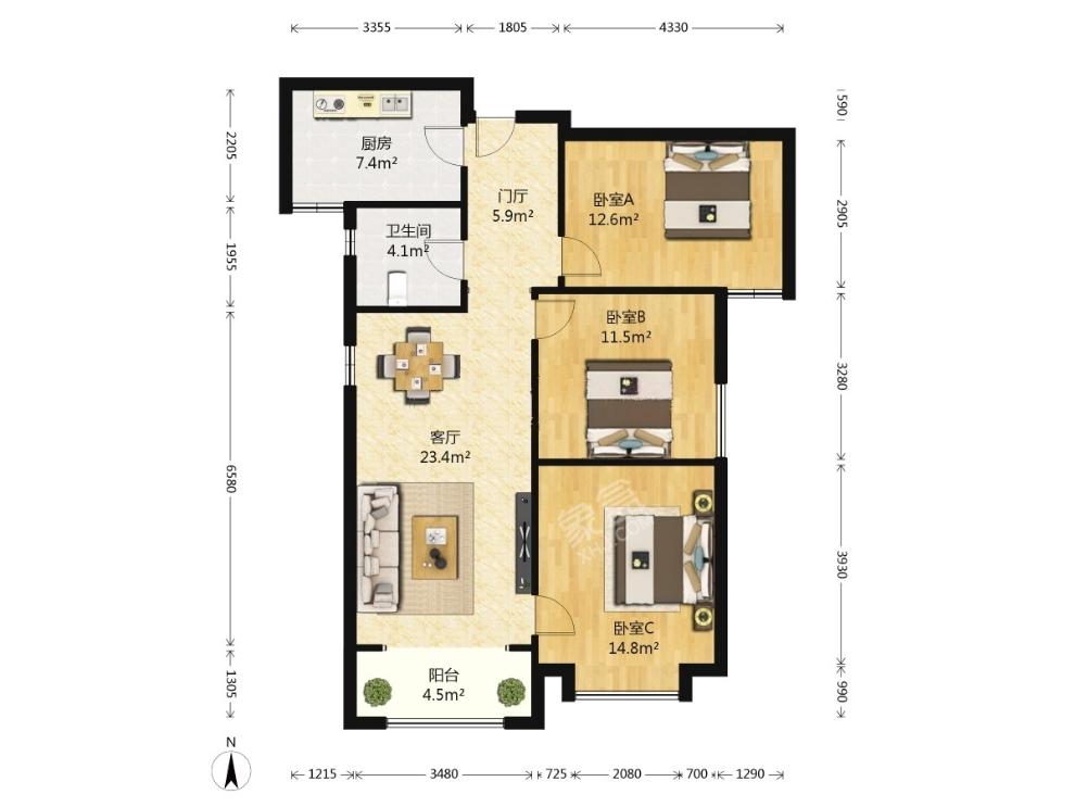 唐顿庄园  3室2厅1卫   2500.00元/月户型图