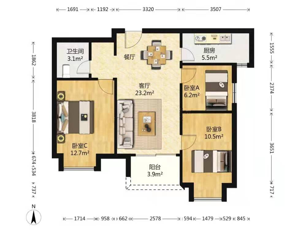 万科东方传奇  3室2厅1卫   210.00万户型图