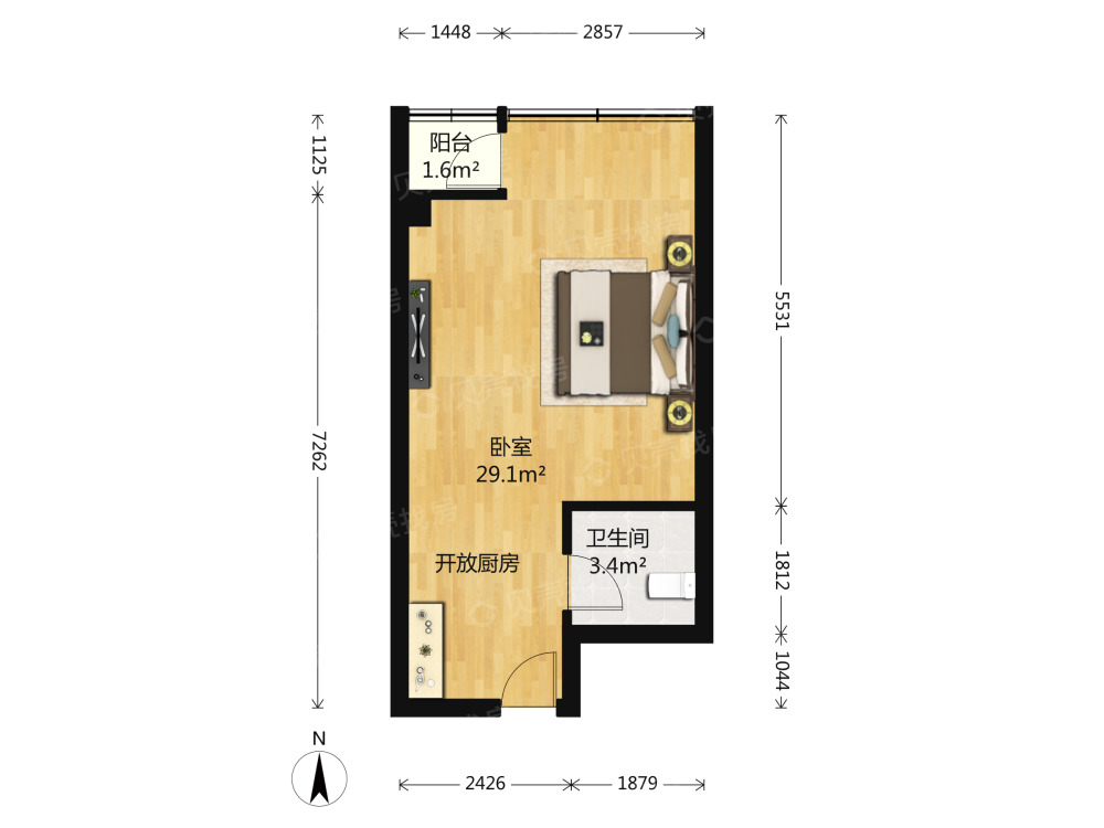 巴陵壹号  1室1厅1卫   1350.00元/月户型图