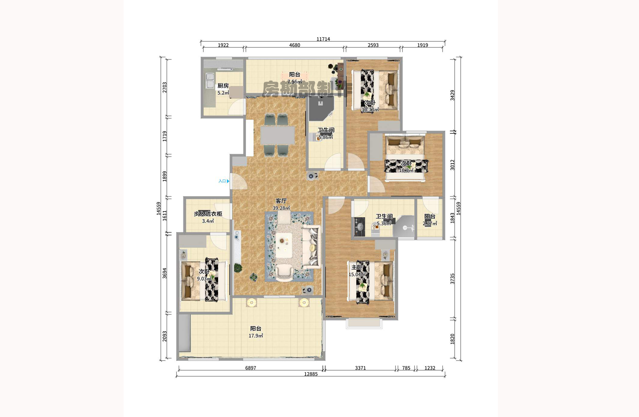 华盛世纪新城 4室2厅2卫 2500.0元/月 华盛世纪新城 4室2厅2卫 2500.0元/月户型图