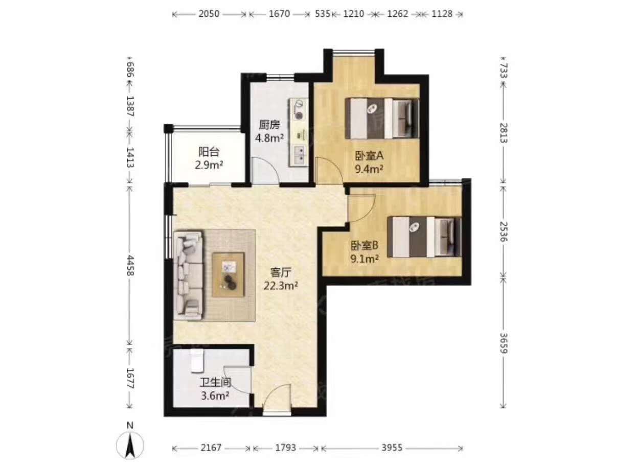 江林新城  2室1厅1卫   2200.00元/月户型图