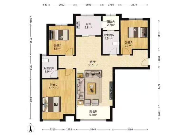 阳光城丽兹公馆  3室2厅2卫   2800.00元/月户型图