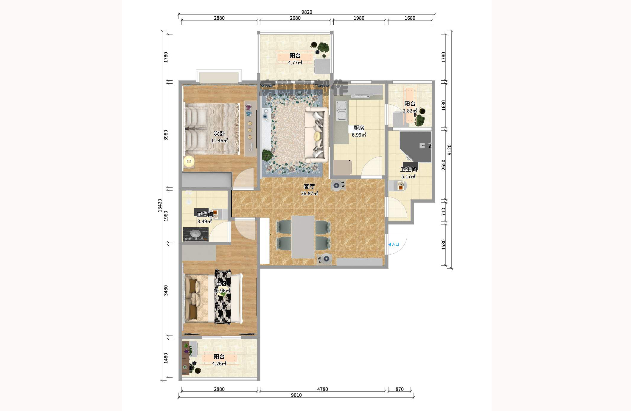 碧桂园公园壹号（凯怡茗苑）  3室2厅1卫    2000.0元/月户型图