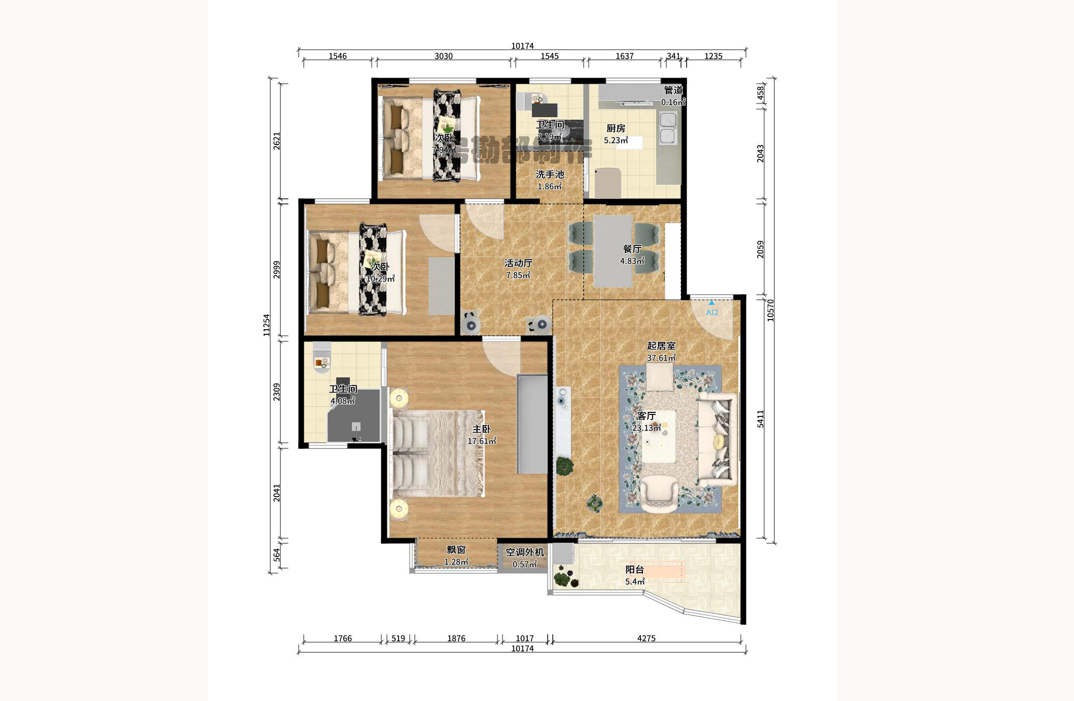 锦绣家园  3室2厅1卫    2300.0元/月户型图