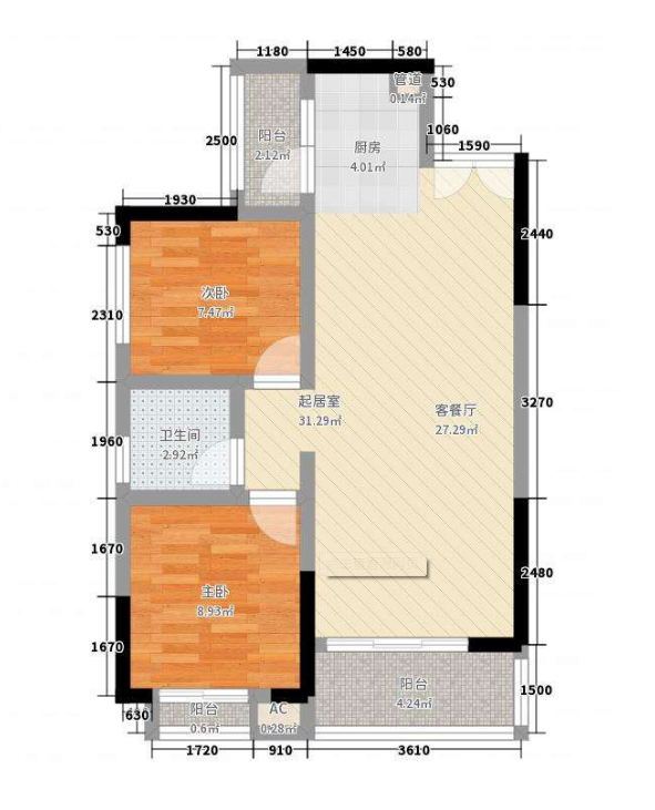 大关城市花园  2室2厅1卫   2200.00元/月户型图