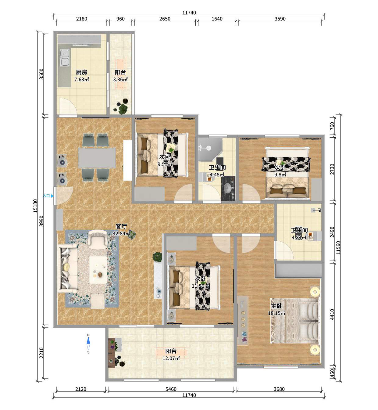 明城公寓  4室2厅1卫   2200.00元/月户型图