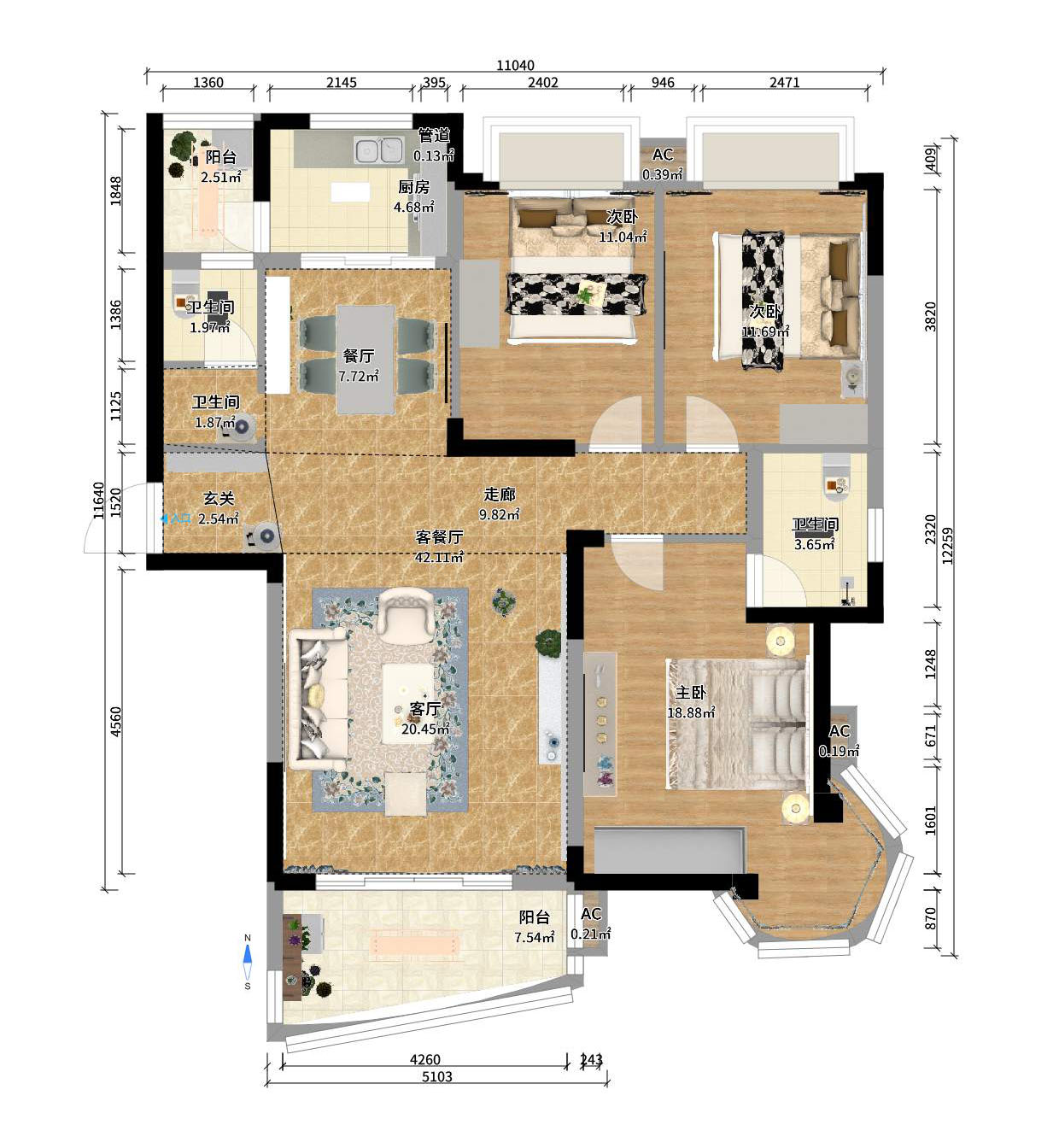 滨江金座 3室2厅2卫 3500.0元/月 滨江金座 3室2厅2卫 3500.0元/月户型图