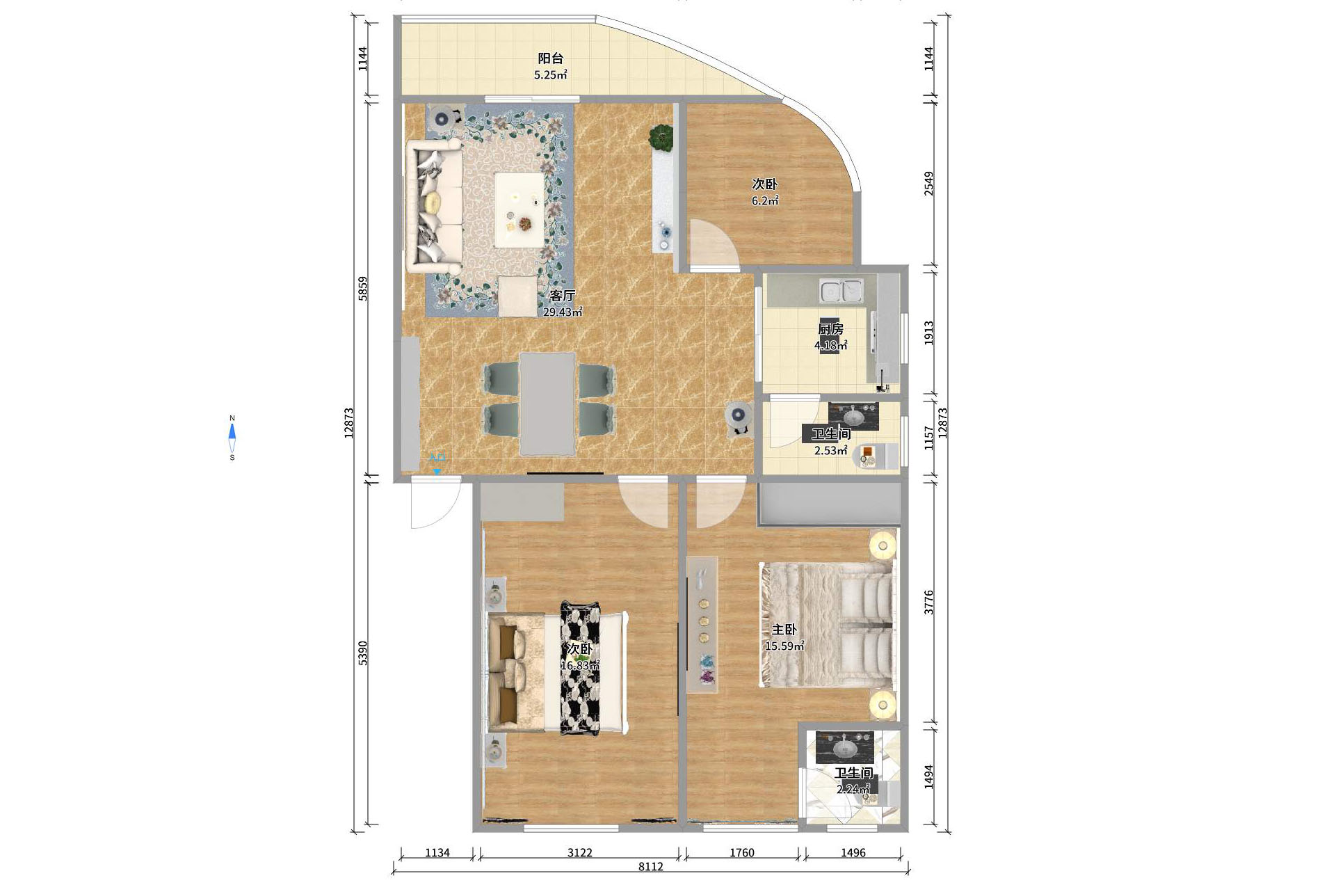 雅塘村 3室2厅2卫 2000.0元/月 雅塘村 3室2厅2卫 2000.0元/月户型图