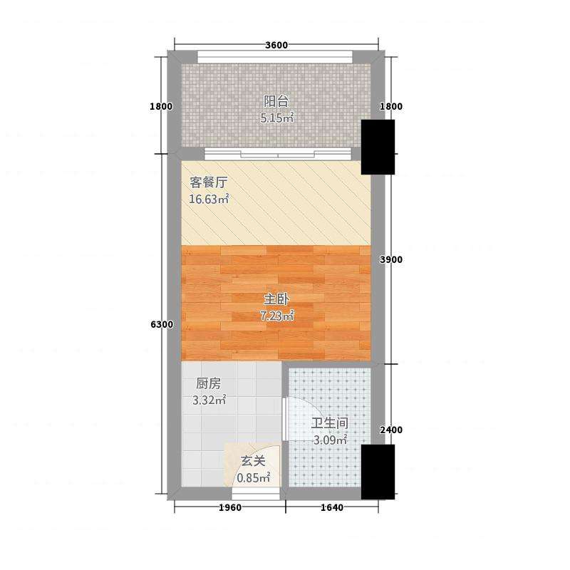 中瀚财富广场  2室1厅1卫   1200.00元/月户型图