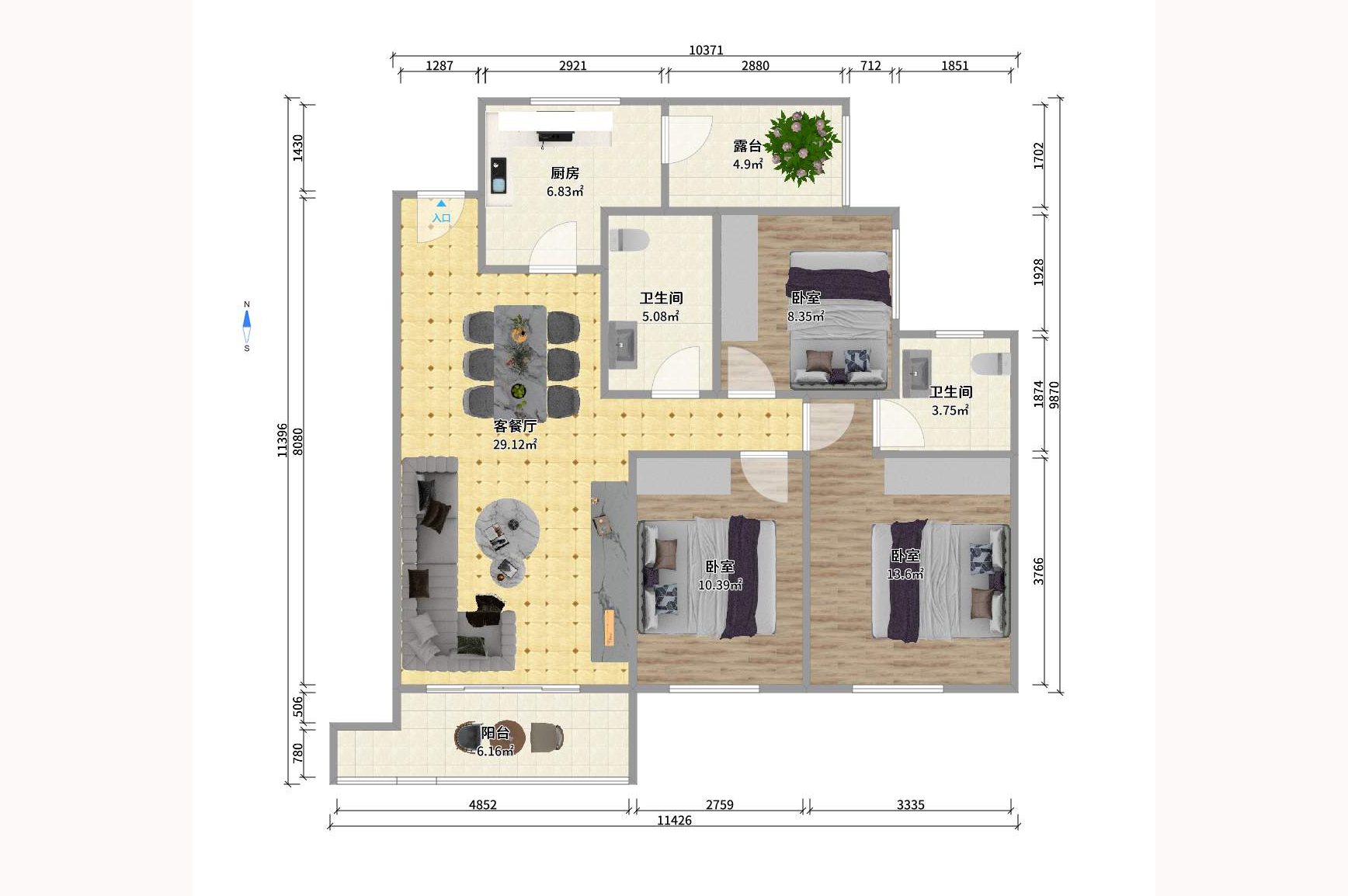 和泓梅溪四季 3室2厅2卫 2500.0元/月 和泓梅溪四季 3室2厅2卫 2500.0元/月户型图