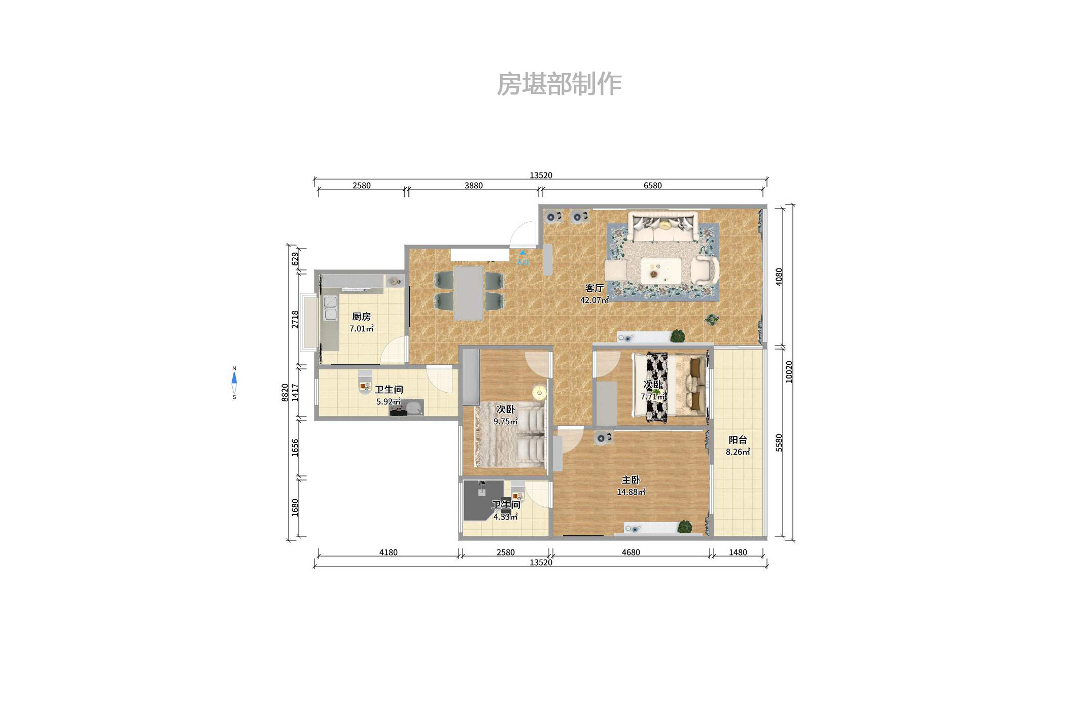 中信公寓  3室2厅1卫    800.0元/月户型图