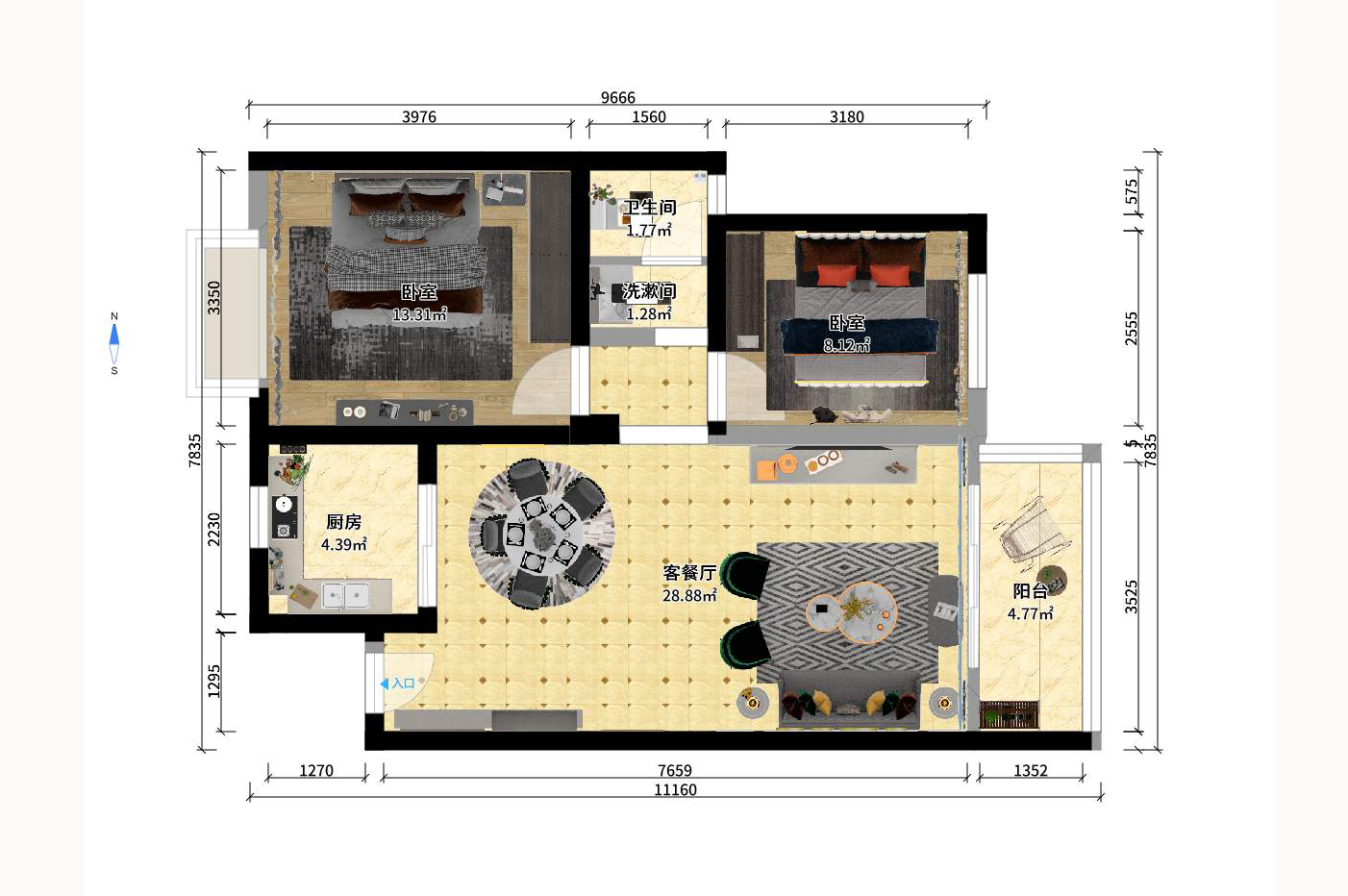 山水新城  2室2厅1卫    1900.0元/月室内图1