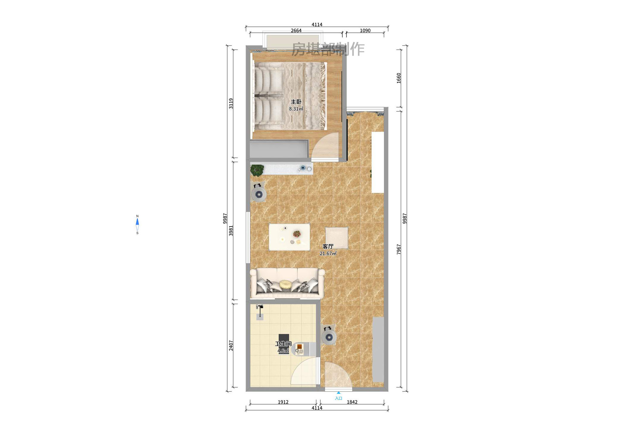 万芙锦城  1室1厅1卫   1800.00元/月户型图
