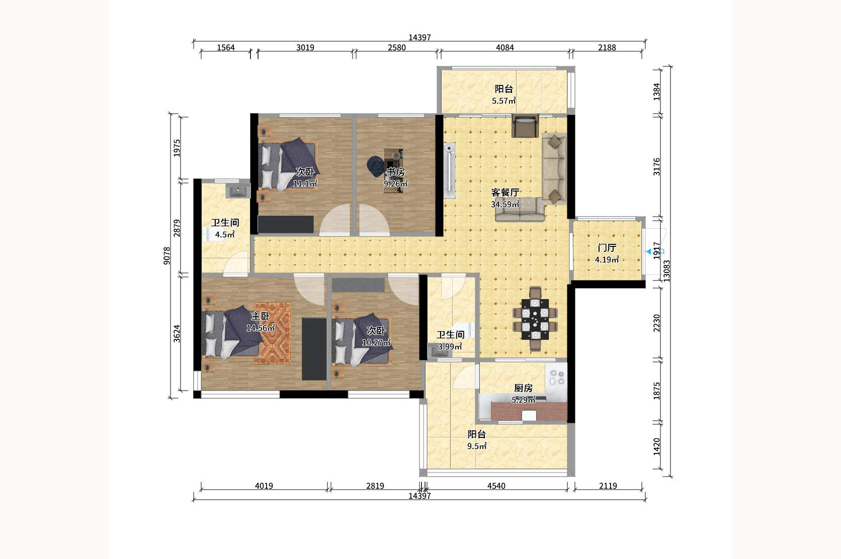 江河东澜湾 4室2厅2卫 3200.0元/月 江河东澜湾 4室2厅2卫 3200.0元/月户型图