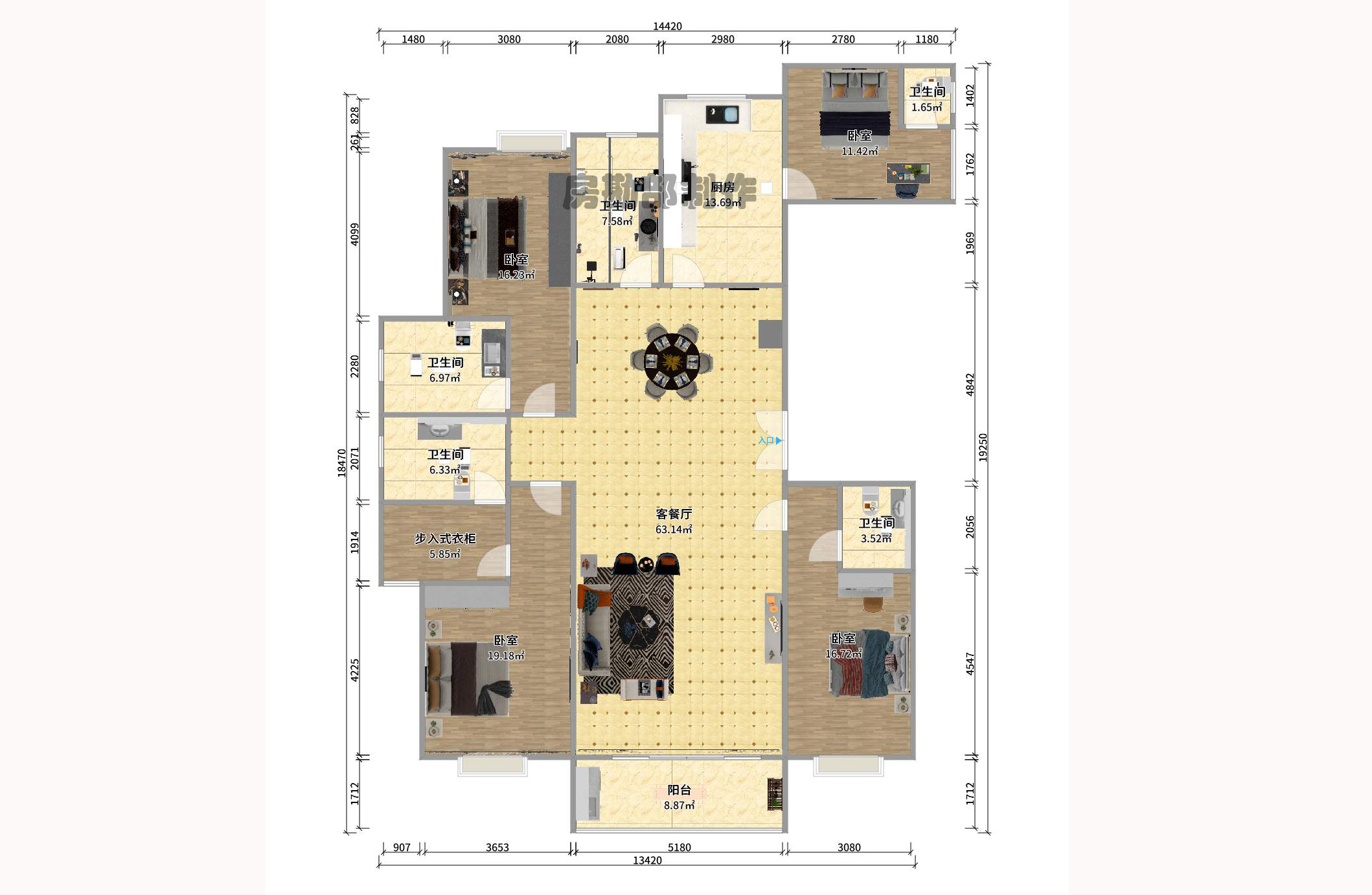 万达公馆  4室2厅3卫   13500.00元/月户型图