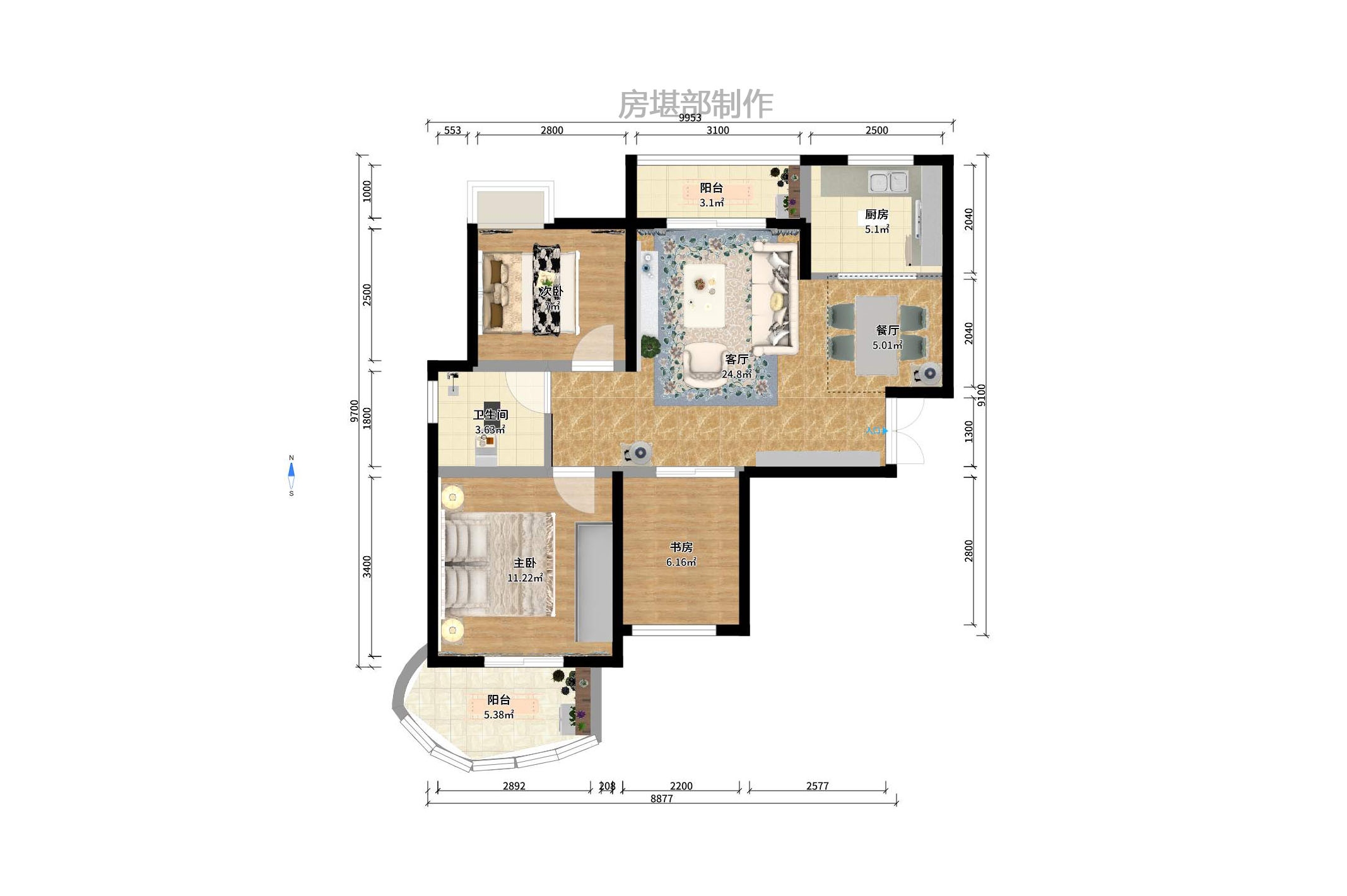 五矿万境水岸一期（万境水岸嘉苑）  3室2厅1卫   2600.00元/月户型图