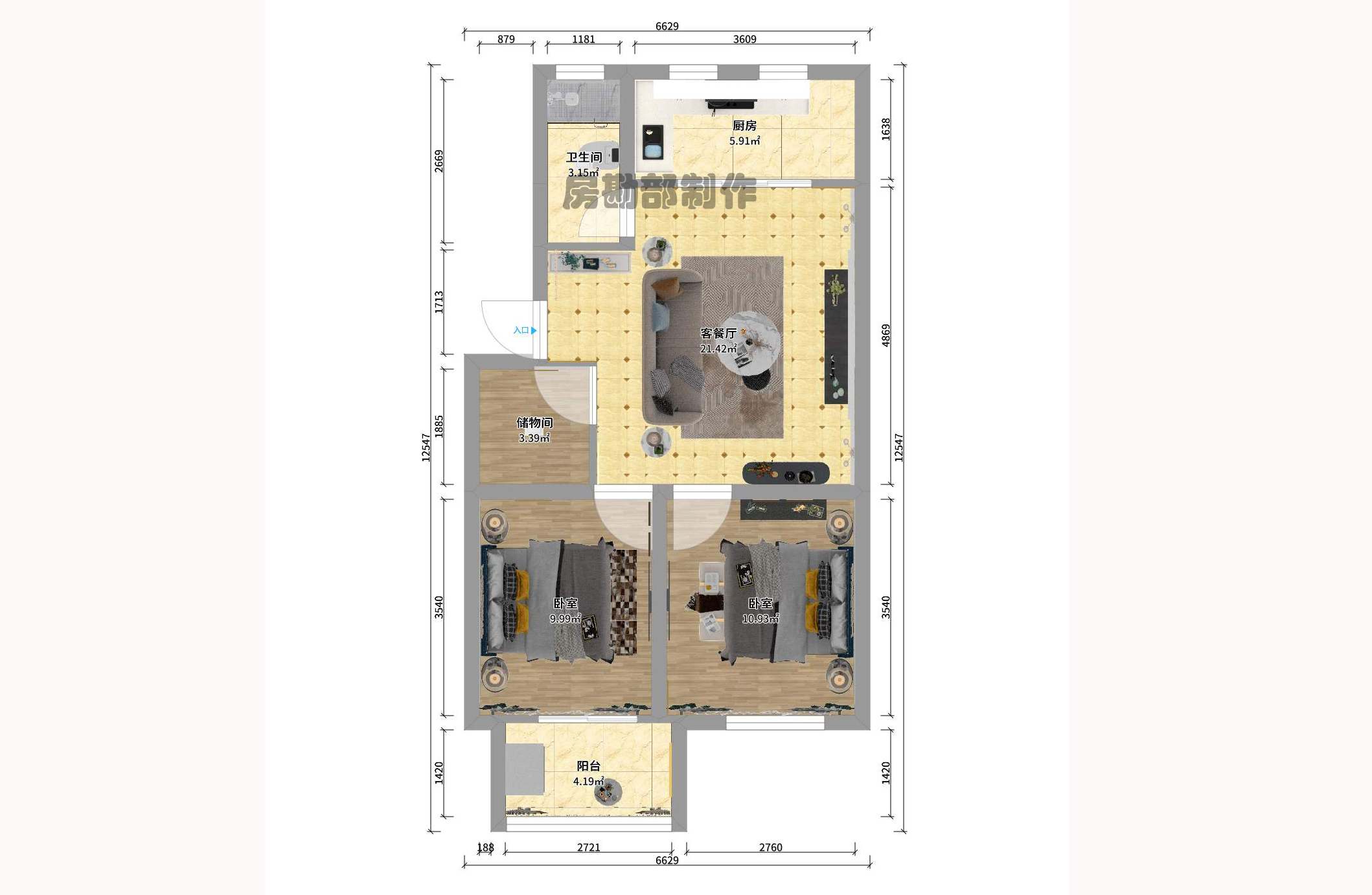 骆家坝小区  2室2厅1卫   1700.00元/月户型图