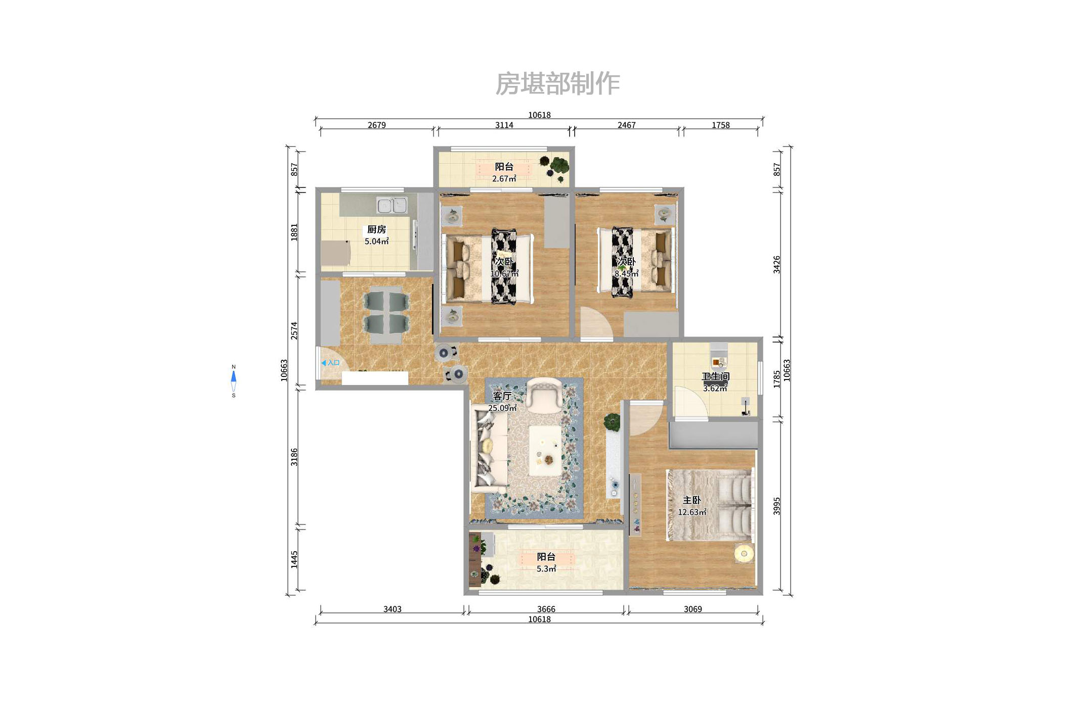 金鼎公园尚  3室2厅1卫   2200.00元/月户型图