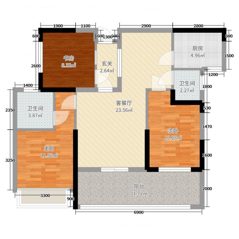 碧桂园梓山府  3室2厅2卫   1800.00元/月户型图