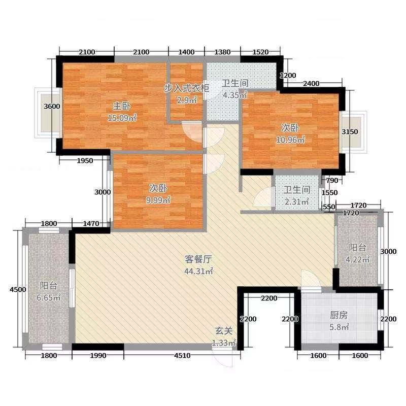 盛世东方 3室2厅2卫 2200.0元/月 盛世东方 3室2厅2卫 2200.0元/月户型图