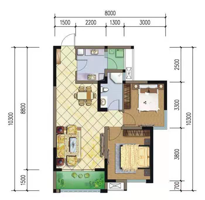 南湖半岛  2室2厅1卫   2000.00元/月户型图