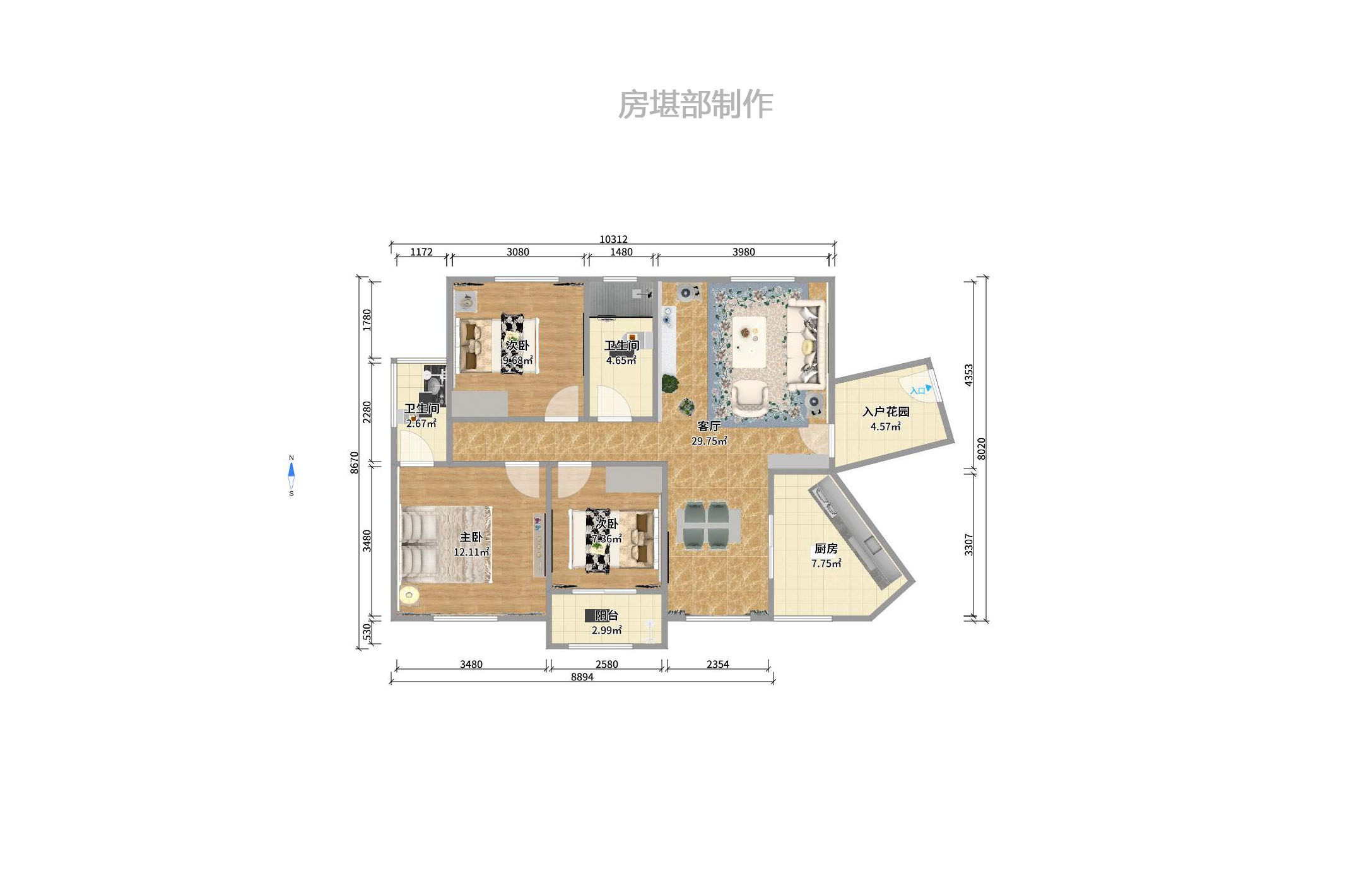 枫华府第  3室2厅1卫   2000.00元/月户型图