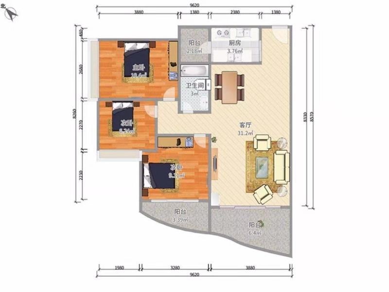 长塘社区  3室2厅1卫   1200.00元/月户型图