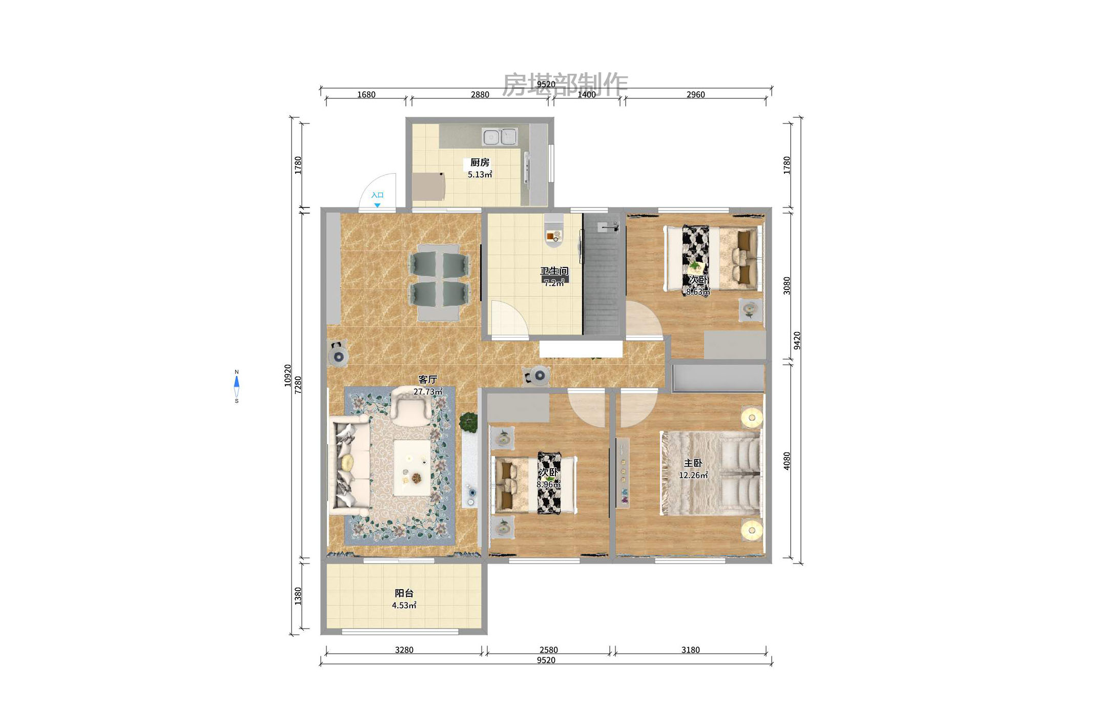 万科城市花园  3室2厅2卫   2300.00元/月室内图1
