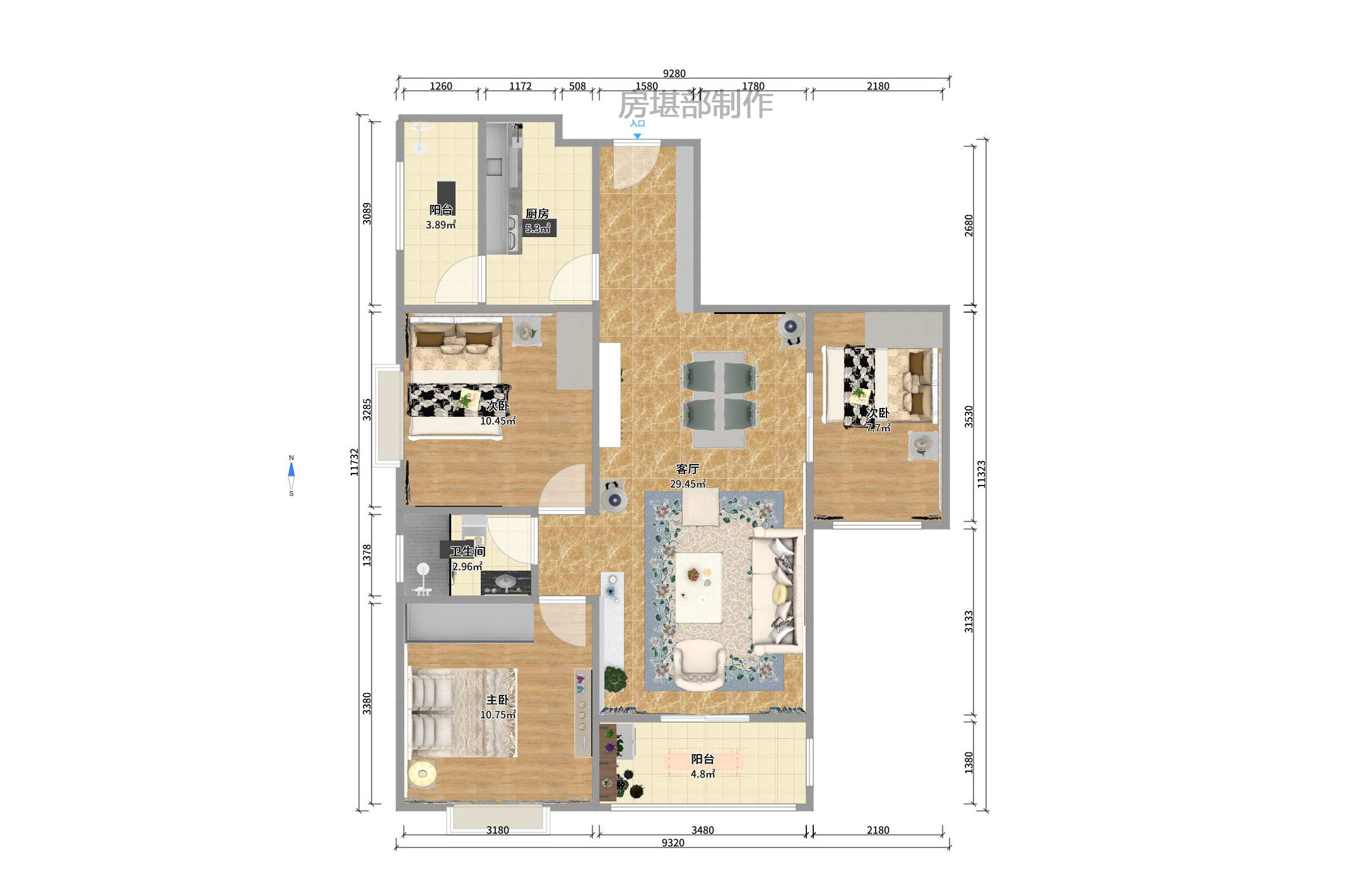 钱隆世家 3室2厅1卫 2200.0元/月 钱隆世家 3室2厅1卫 2200.0元/月户型图